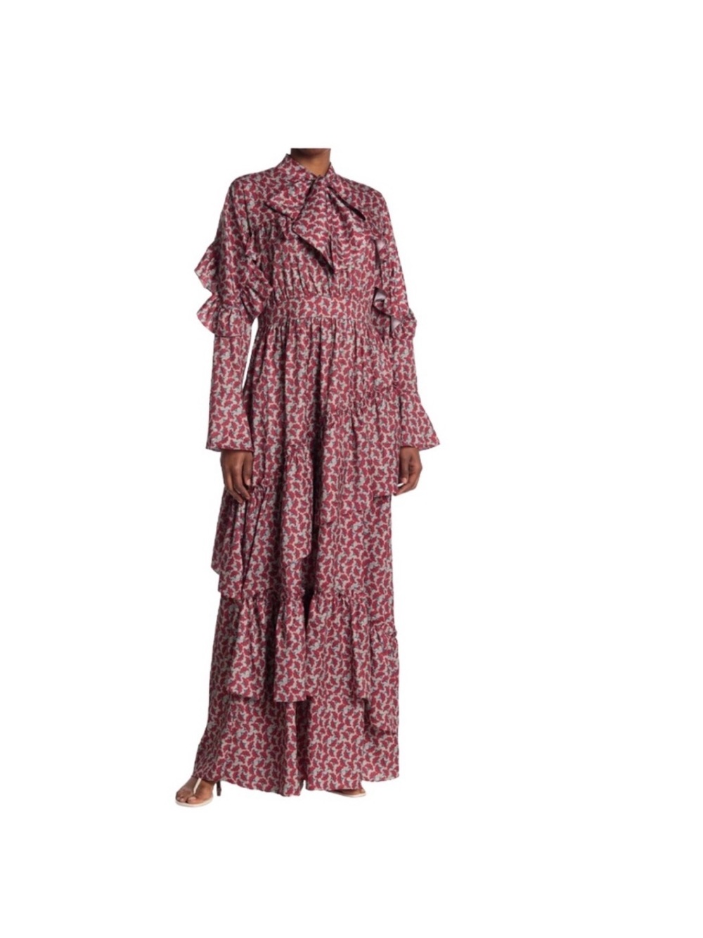 Tie-Neck Pink Floral Maxi Dress with Ruffle Tiers